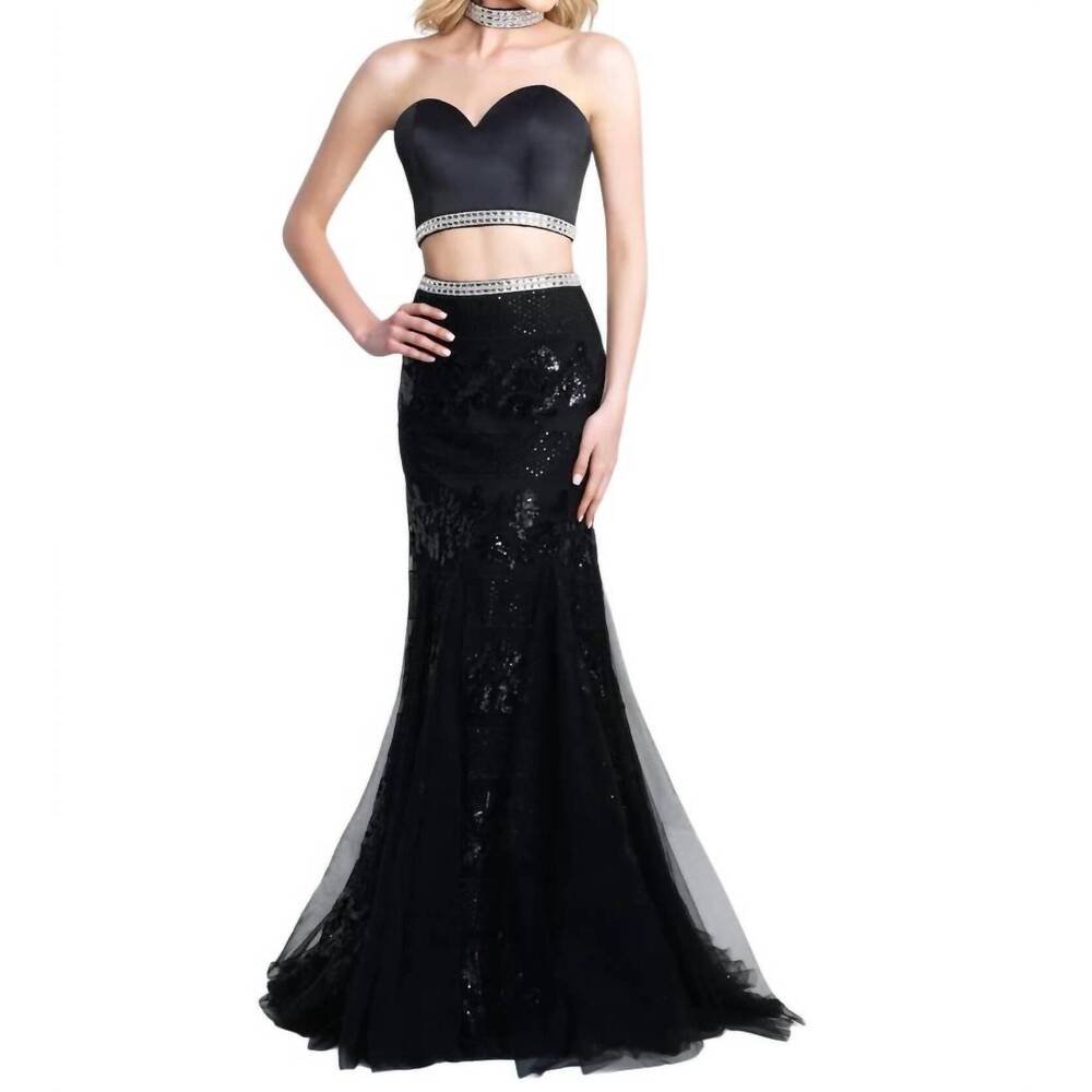 NEW BLUSH PROM sequin satin lace two piece gown with beaded collar in black